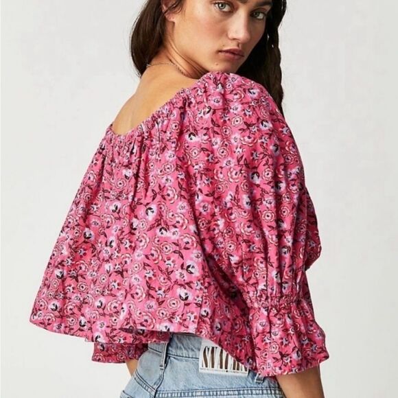 FREE PEOPLE JAMES CROPPED SMOCKED PEASANT BLOUSE - Picture 1 of 11